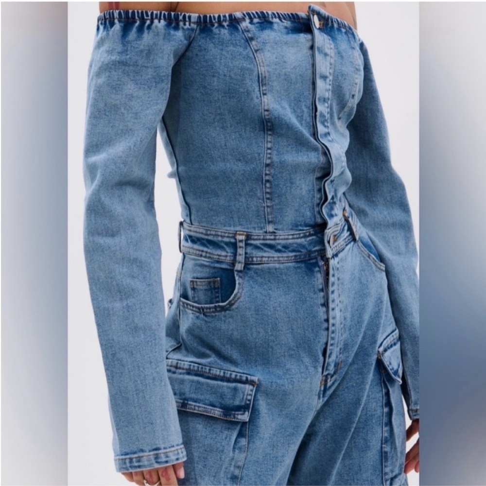 AKIRA Blue Denim Off-Shoulder Utility Style Jumpsuit - Picture 5 of 8